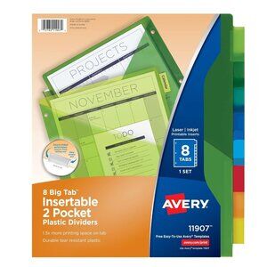 NEW Avery Dividers for 3 Ring Binders 8-Tab Sets Two-Pocket Plastic Binder 11907